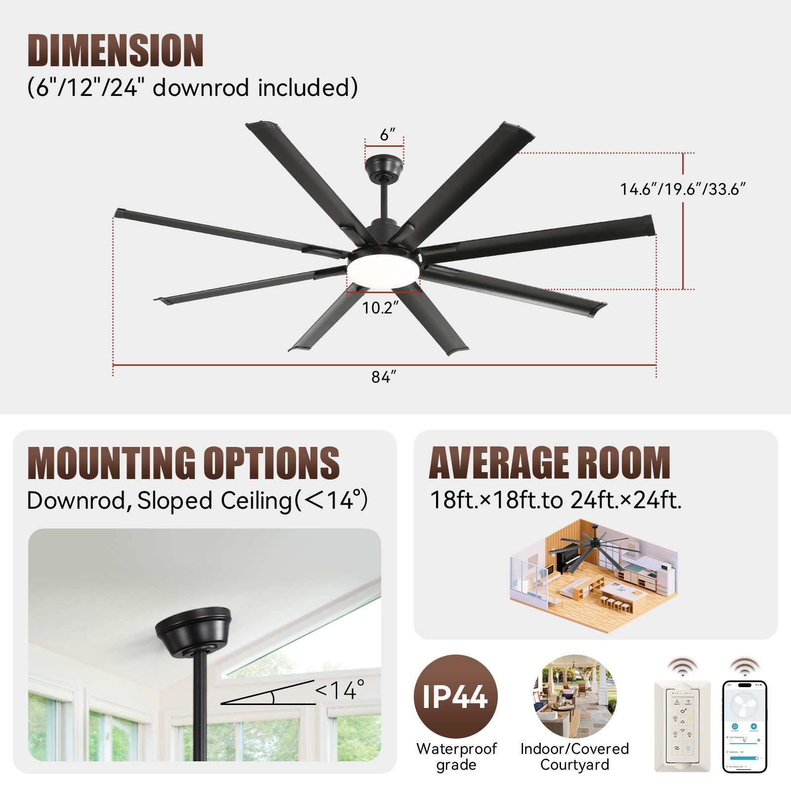 72in,Smart Large,Ceiling Fans,Stepless Dimming LED,APP/Voice/Remote,Google/Alexa