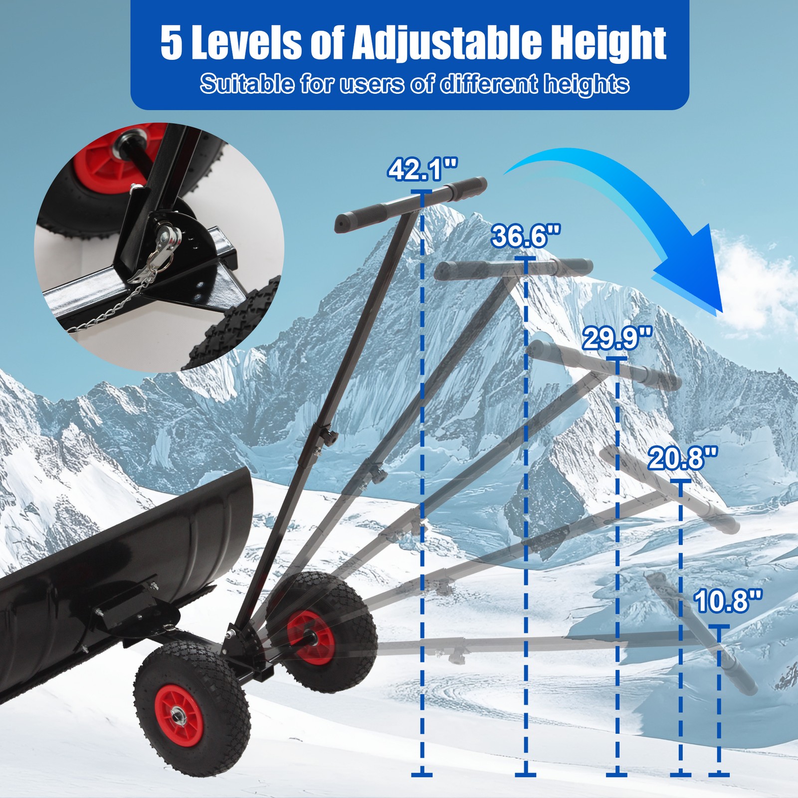 Snow Shovel Pusher w/ Adjustable Handle & Wheels for Driveway Snow Removal New
