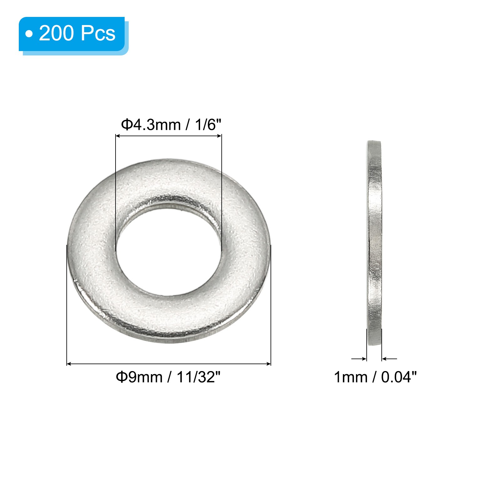 200 Pcs 304 Stainless Steel Flat Washer Metal Fender Washers (M4x9mm)