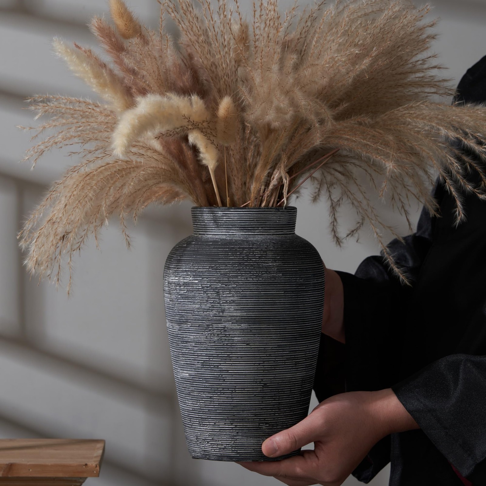 INFINITENDER Large Ceramic Rustic Vase,10 inch Minimalist Large, Black