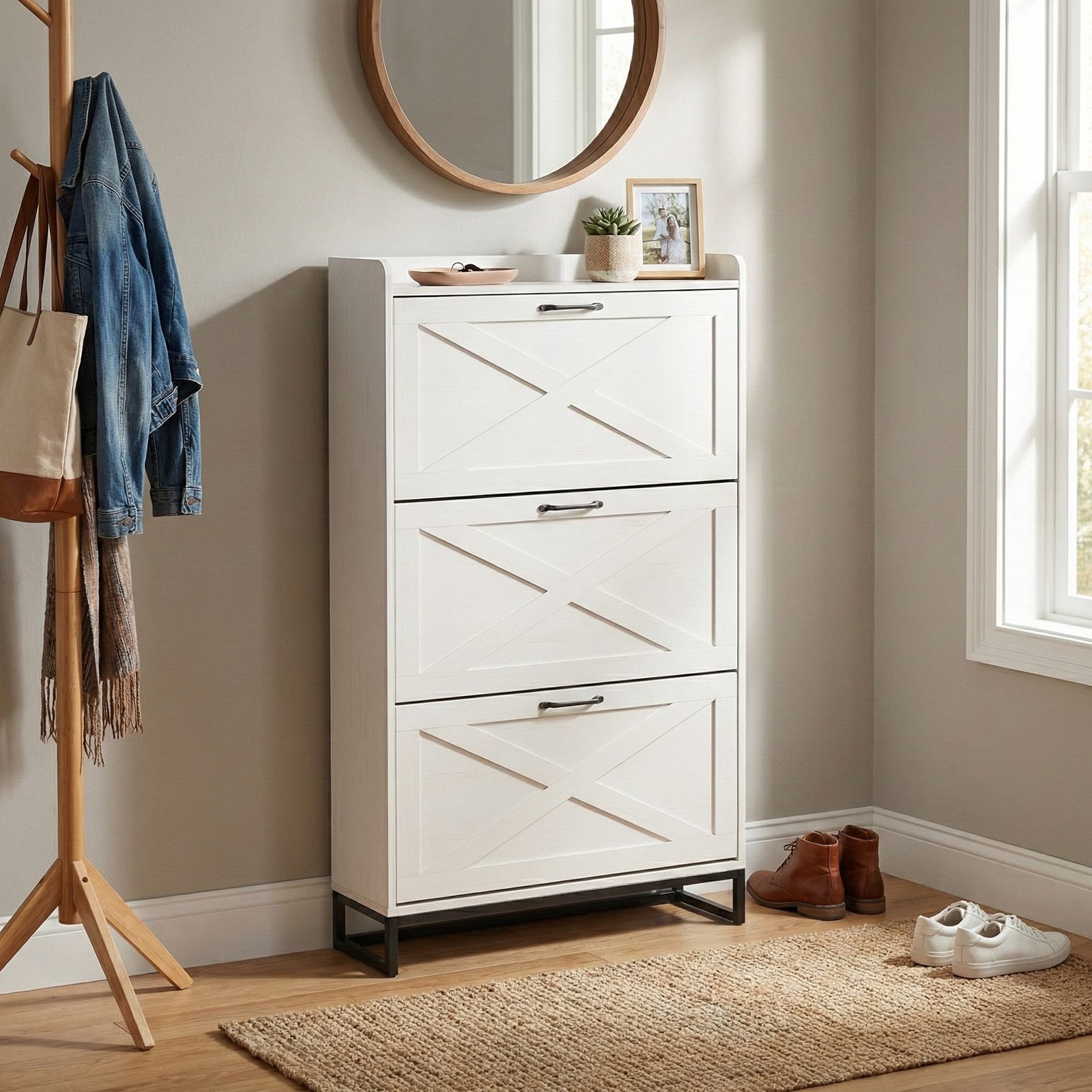 Barn Door Three-drawer Cabinet Shoe Cabinet Particleboard Distressed White