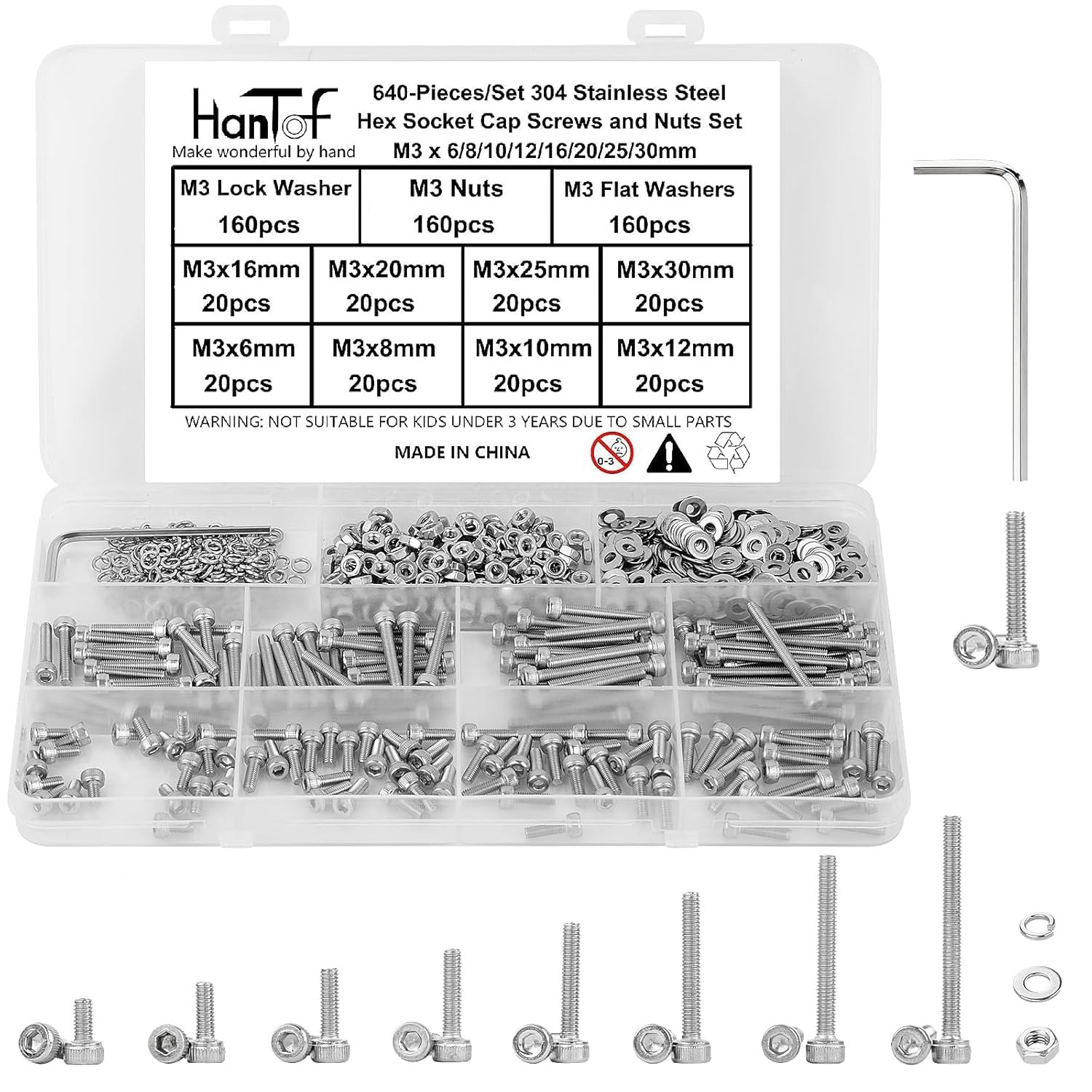 M3/4/5/6 Hex Socket Head Cap Screws Bolts Nuts & Washers Assortment Kit (6-40mm)