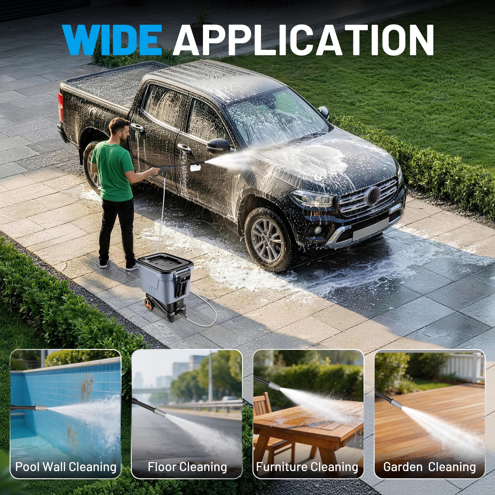 Battery Operated Pressure Washer 21V 2000 PSI with Fast Dual Charging