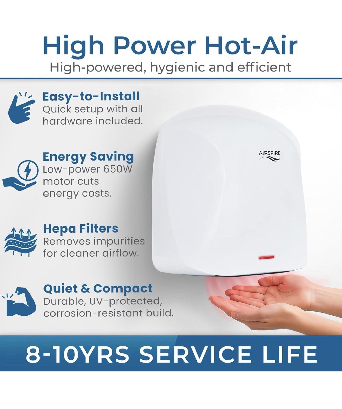 Airspire®️ Summer Breeze Automatic Electric Warm Air Hand Dryer ~ HEPA ~ 1100W
