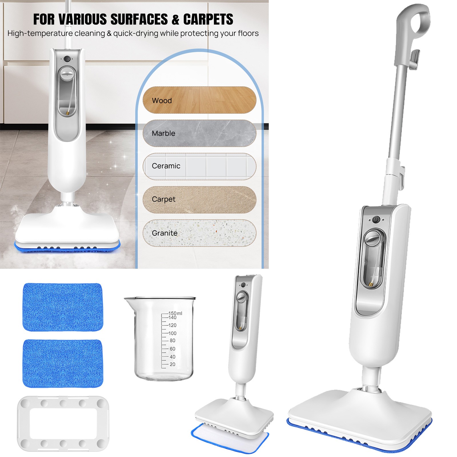 12-in-1 Hot Steam Mop Cleaner Upright & Handheld Hard Floor Carpet Steamer 5000W