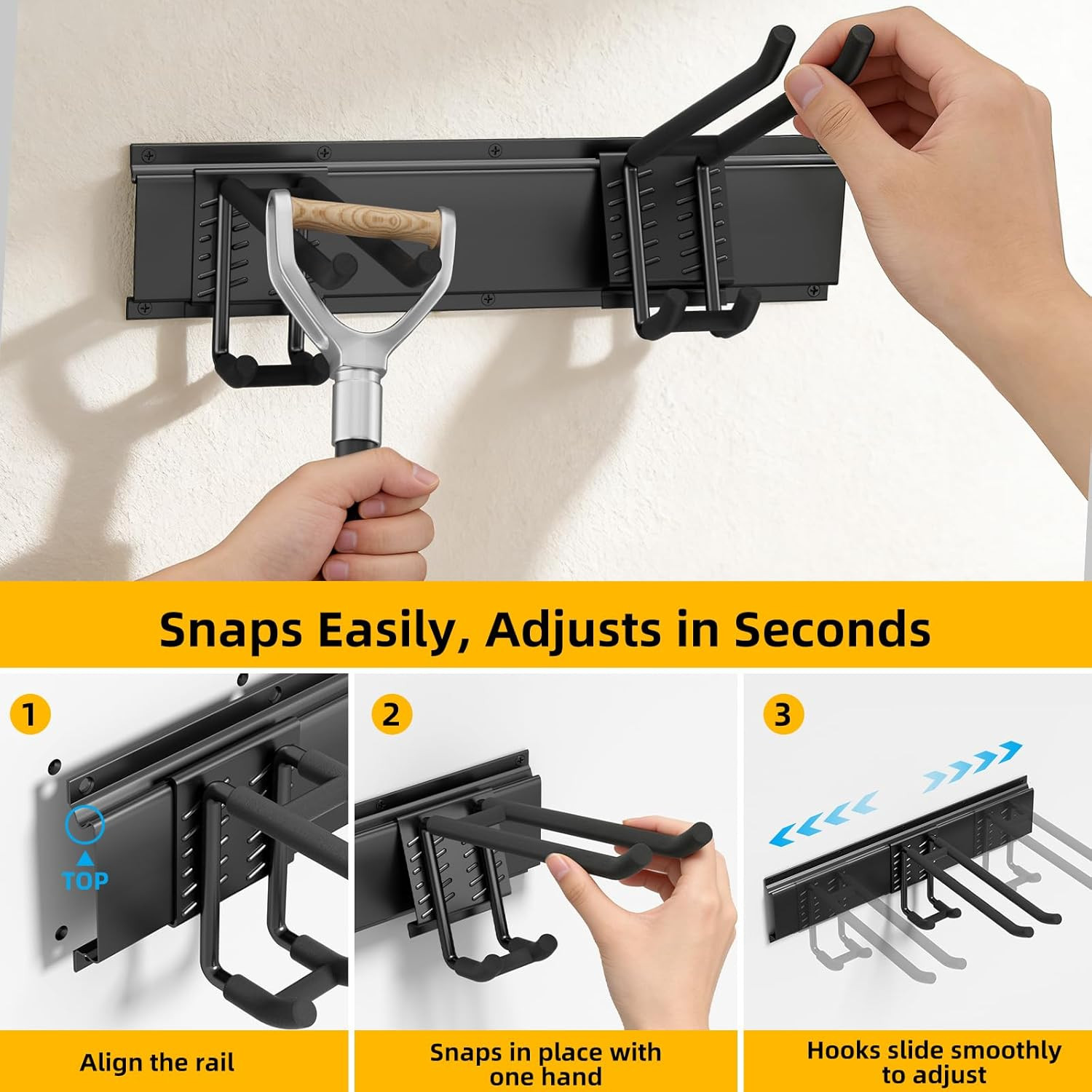 Garage Tool Organizer Wall Mount with 49.5 Inches Rails and 6 Double-Layer Hooks
