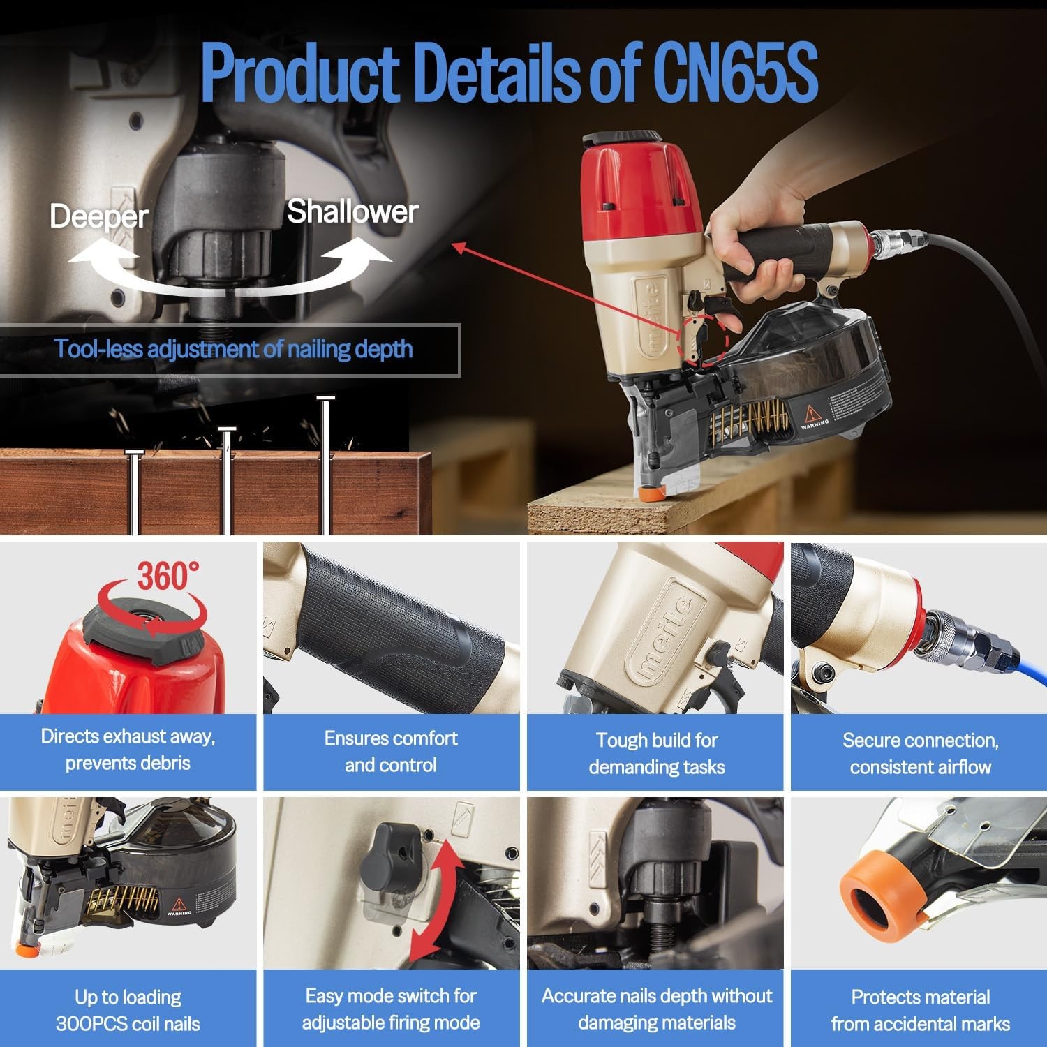 Meite CN65S 15/16-Degree 1-1/2″ to 2-1/2 inch Pneumatic Coil Siding Nailer