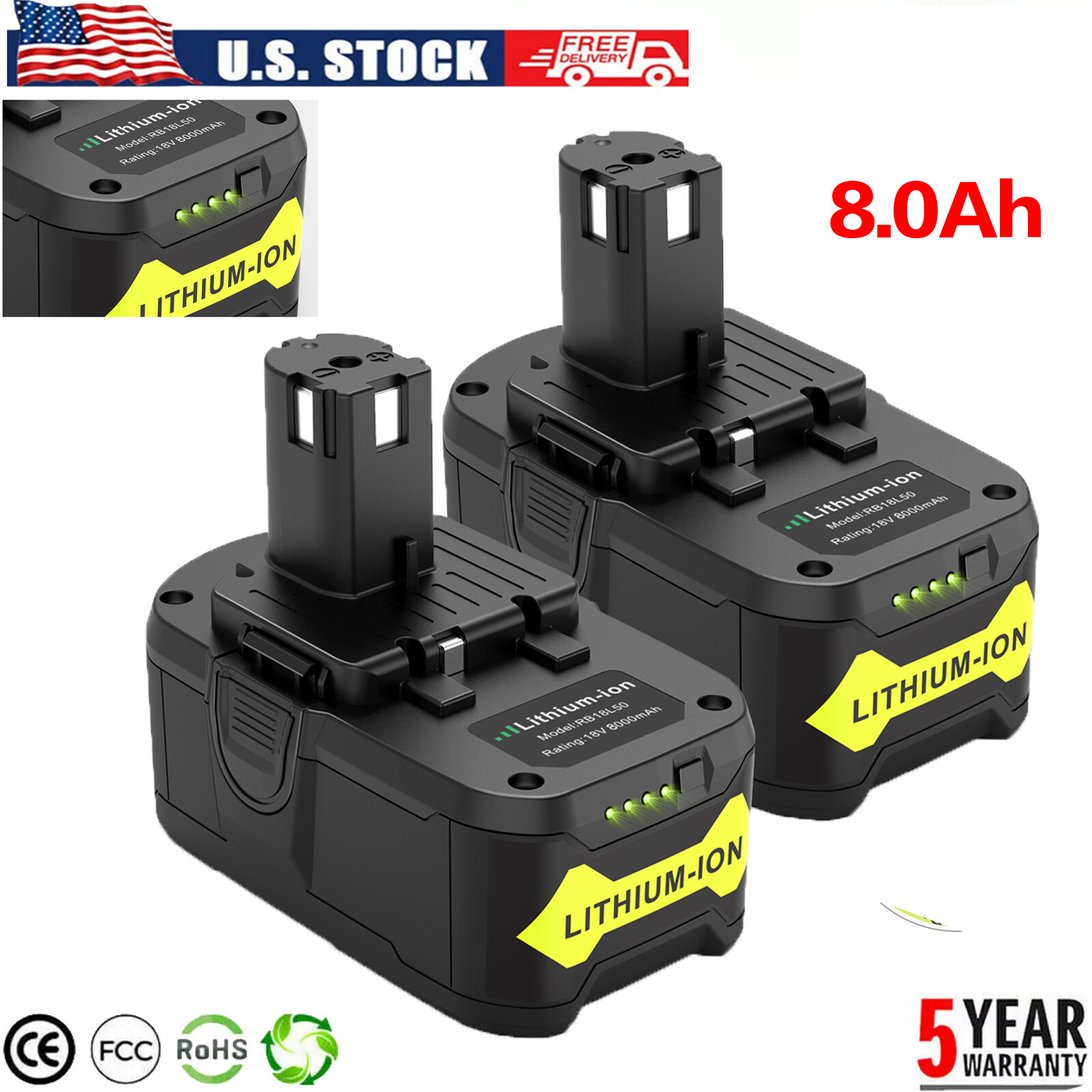 2X 8.0Ah 18V Replace Battery For Ryobi Lithium P108 RB18L50 RB18L40 With LED