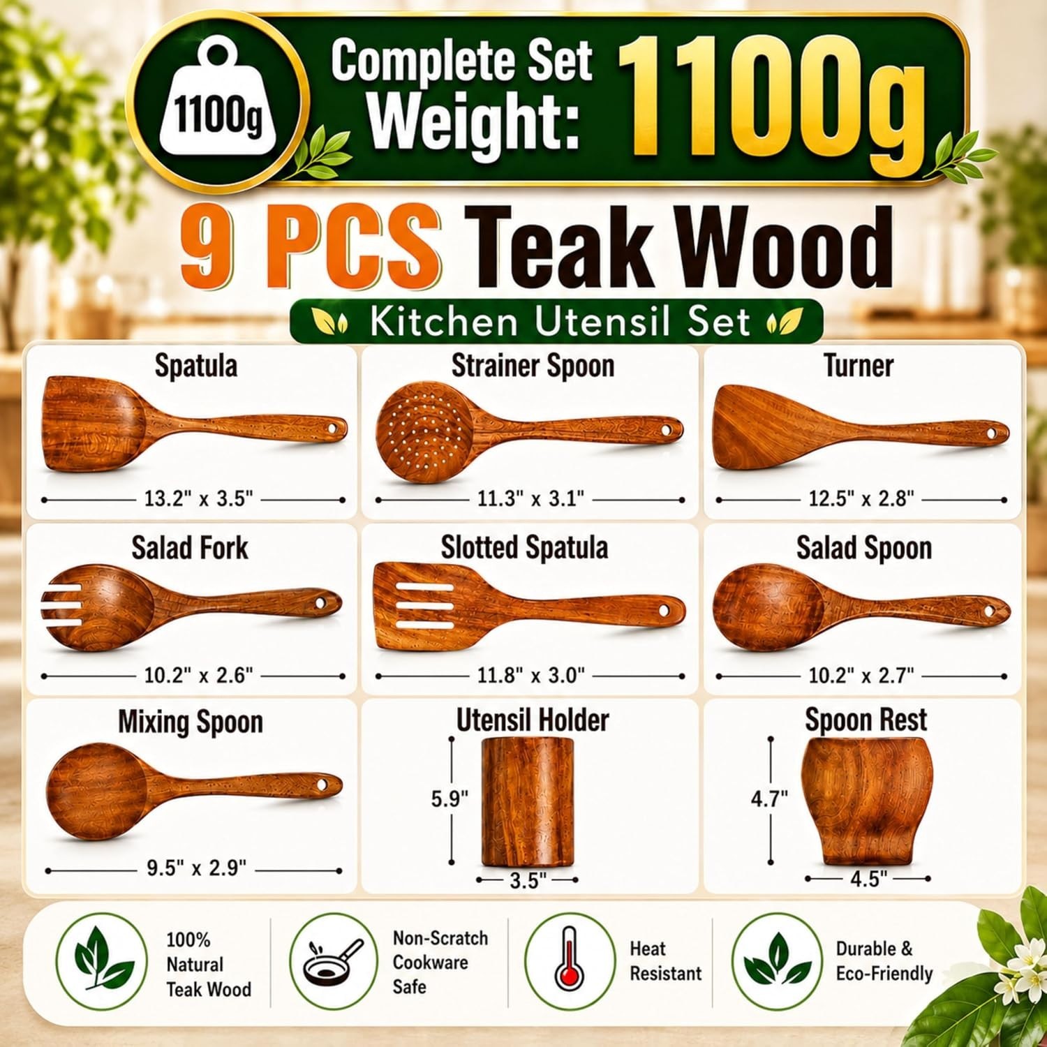 9 Piece Teak Wood Kitchen Utensil Set Heavy Duty Wooden Spoons for Cooking