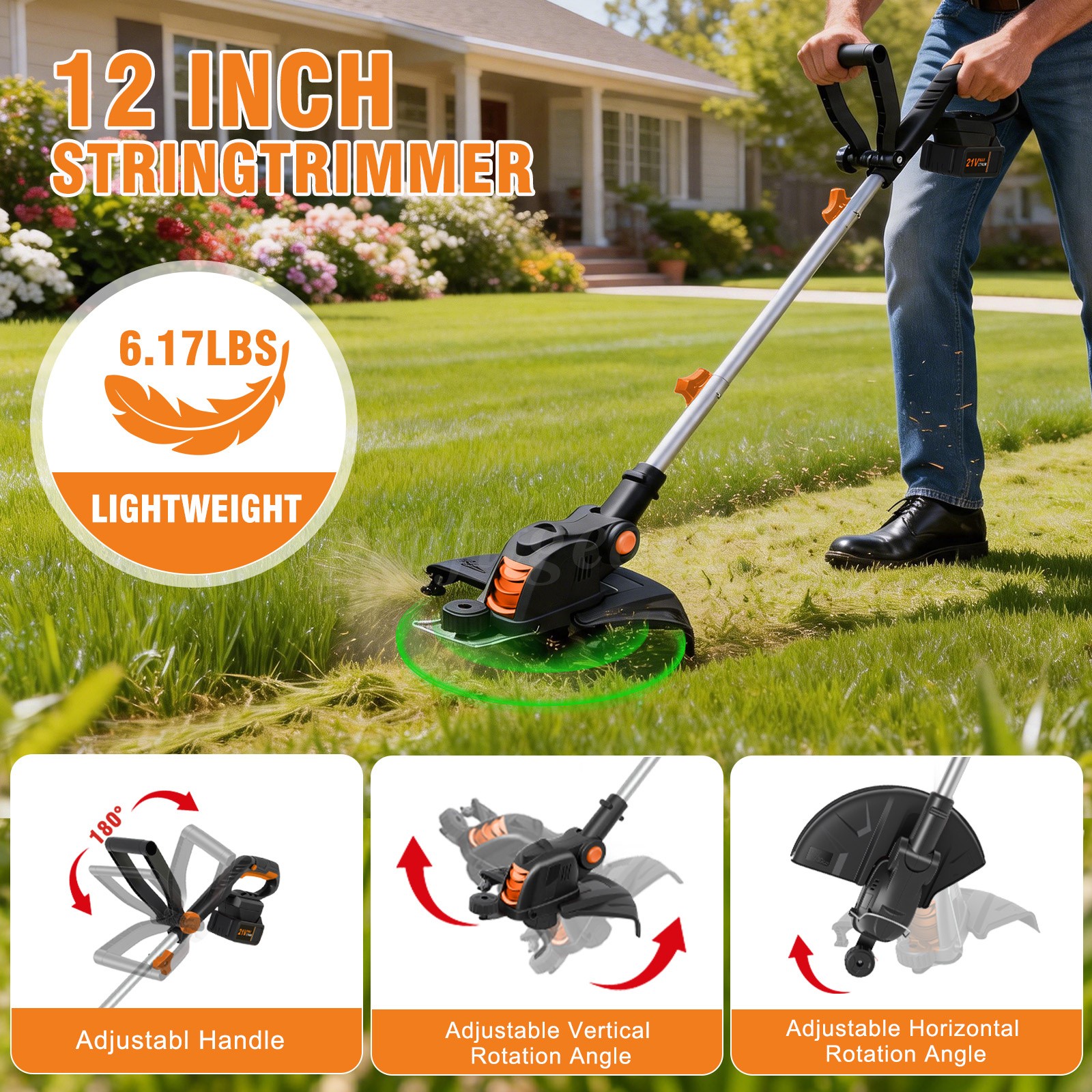 Electric Cordless Grass String Trimmer Lawn Edger Weed Cutter&2 Battery&1Charger
