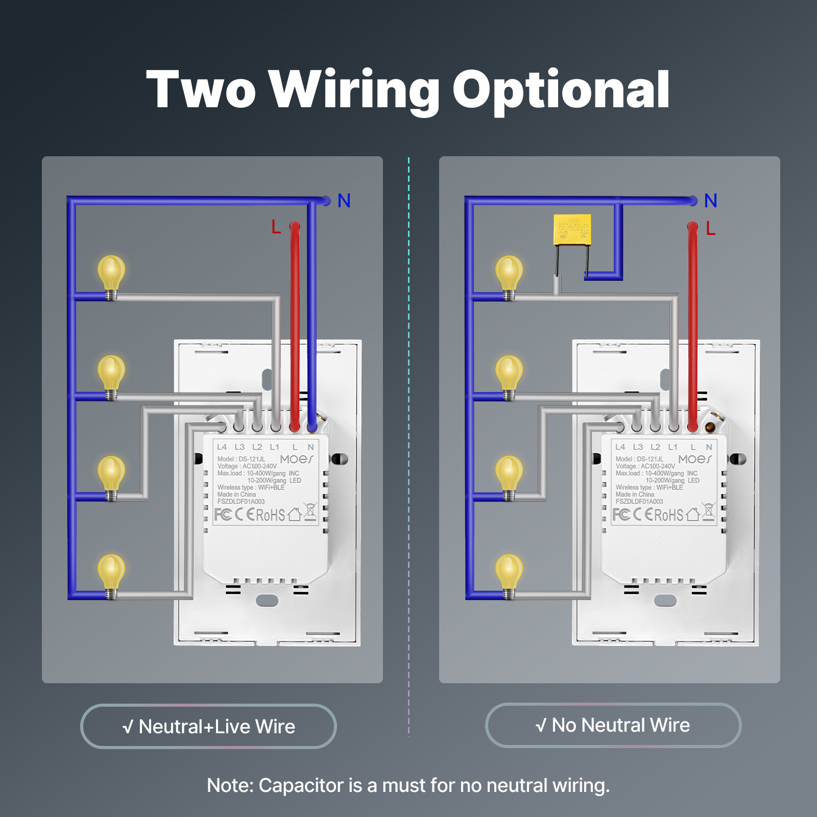 MOES WiFi Smart Light Switch Neutral Optional No Hub Tuya Alexa Google App Timer