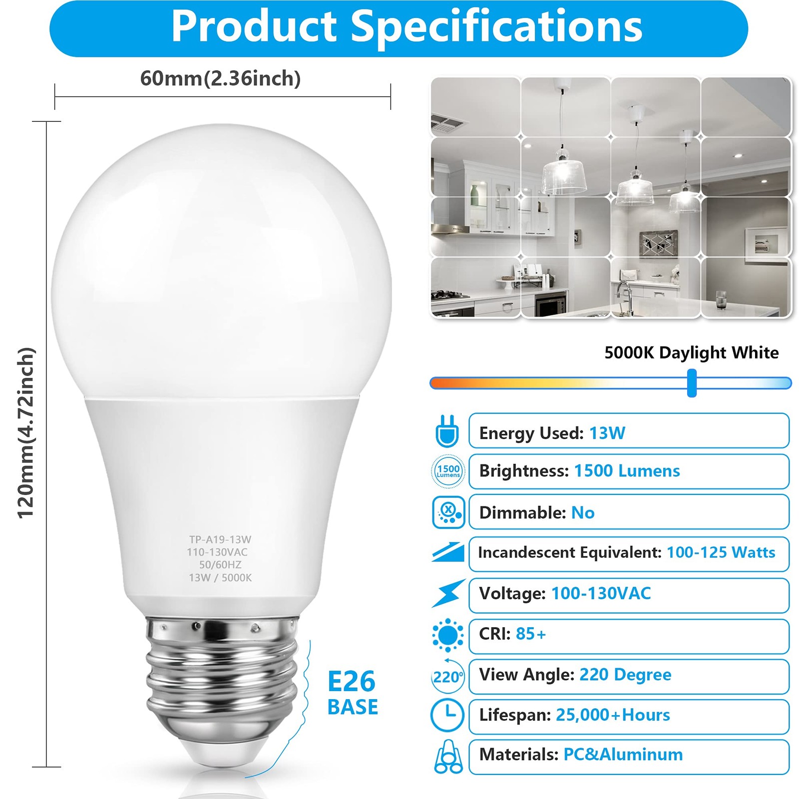 A19 LED Light Bulbs, 100 Watt Equivalent LED Bulbs, Daylight White 5000K, 150…