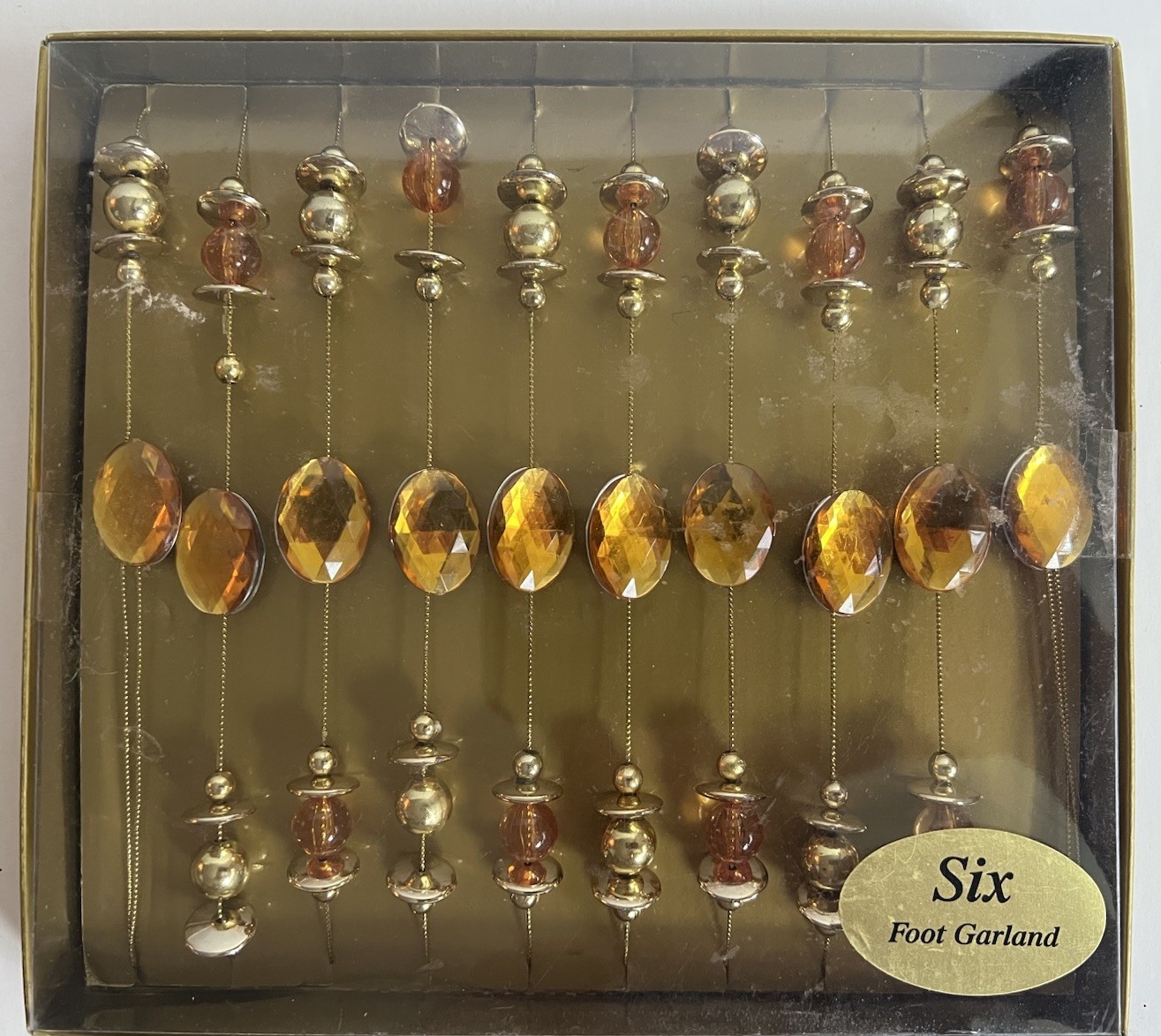 Gold, Amber & Silver Shiny Beaded Various Shapes Garland 6ft Fancy Retro Decor