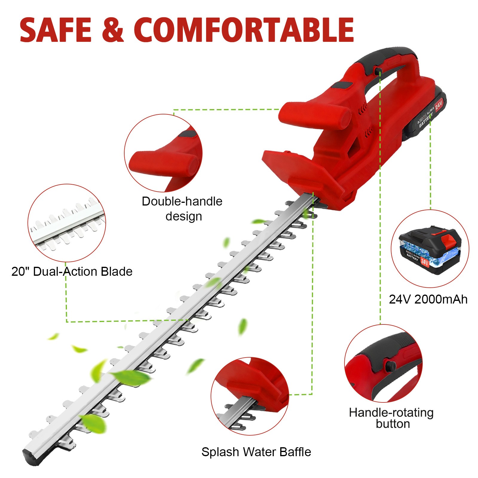 20/22In-24V Cordless Hedge Trimmer Cordless Electric Hedge Trimmer w/2 Batteries