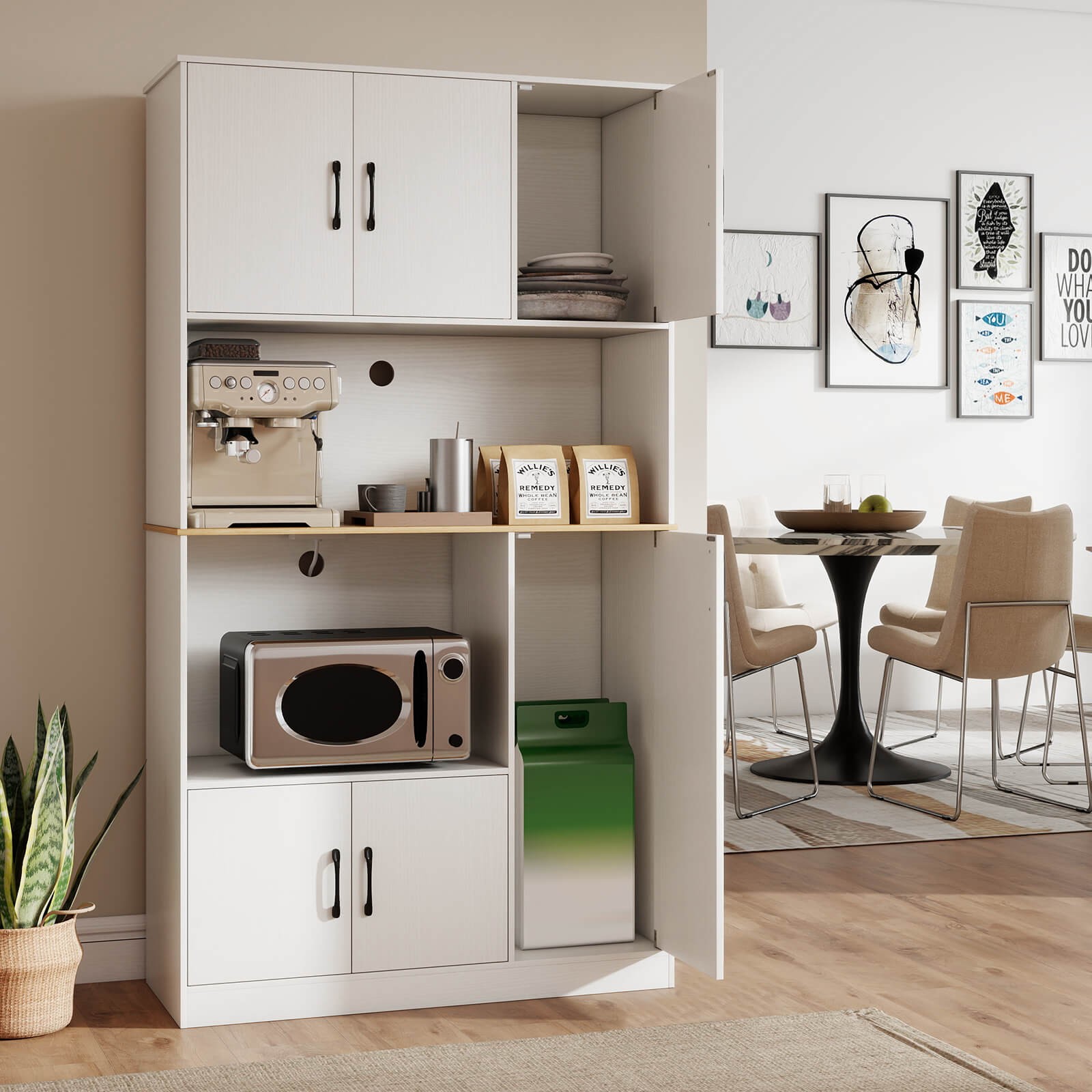 71” Tall Kitchen Pantry Cabinet with Charging Station, Microwave Stand & Doors