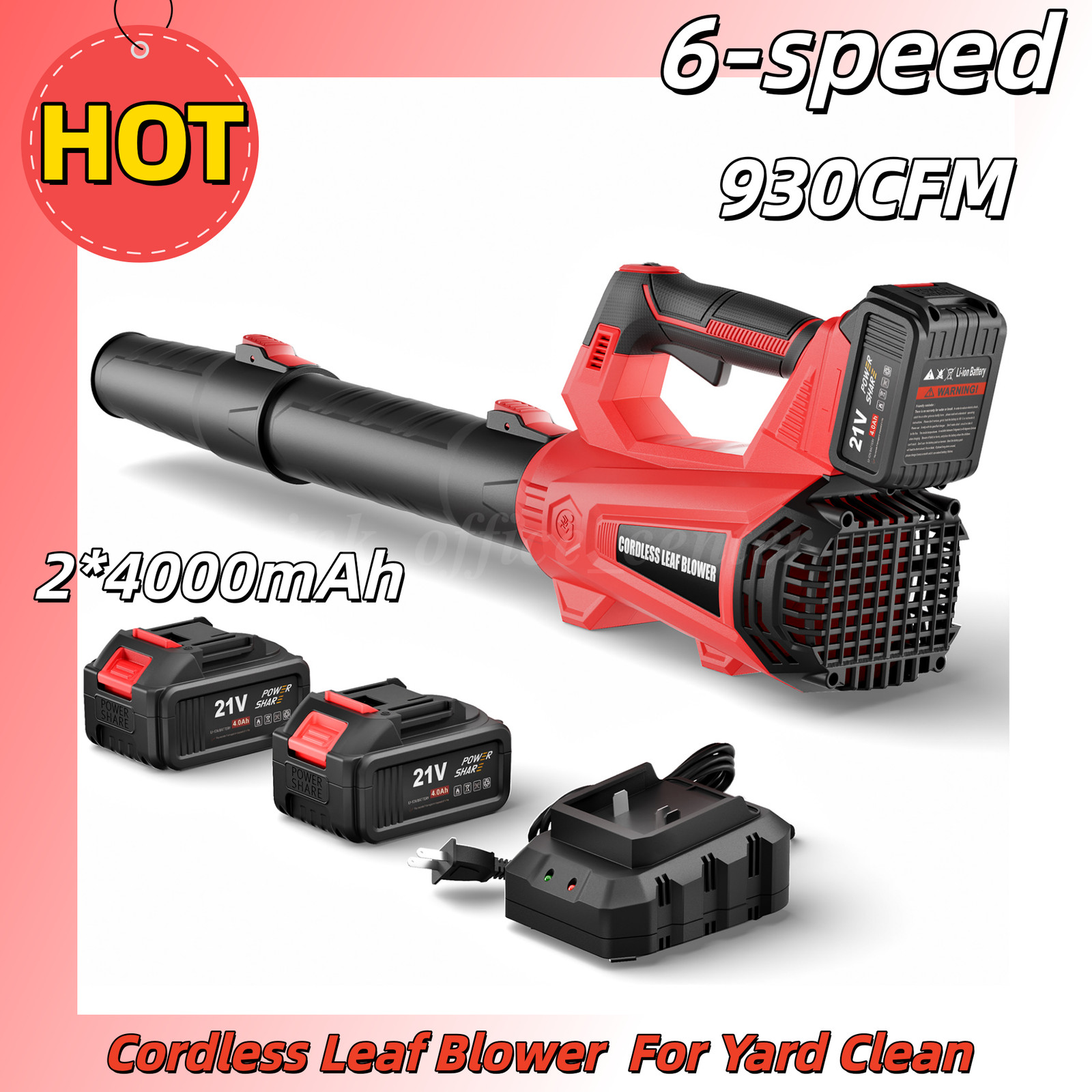 6-Speed Cordless Leaf Blower 930CFM 197MPH 2x4000mAh Batteries For Yard Clean