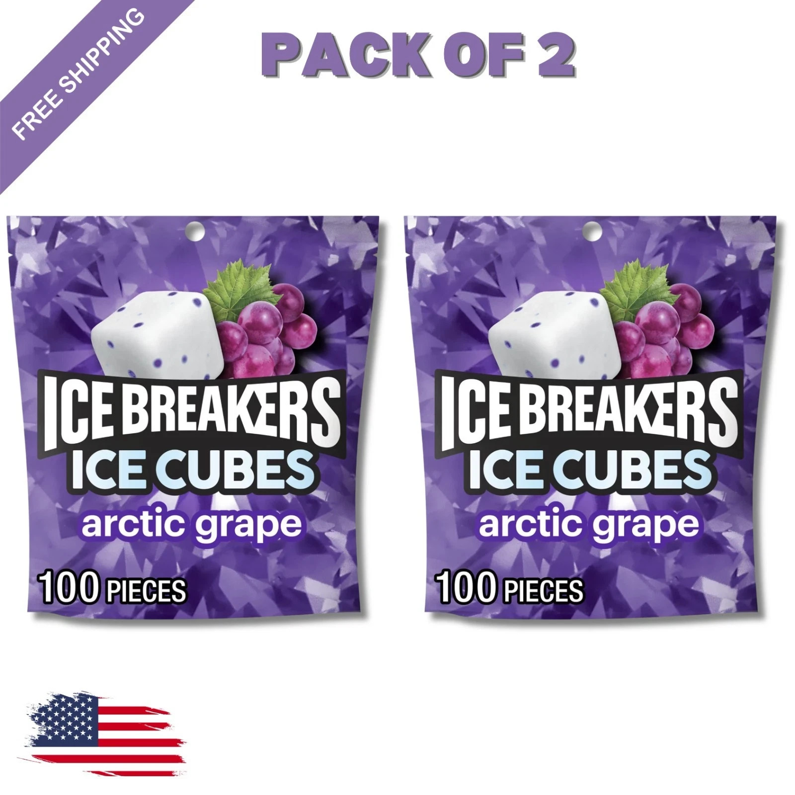 (Pack of 2) Ice Breakers Ice Cubes Arctic Grape Sugar Free Gum 8.11 oz 200 pcs