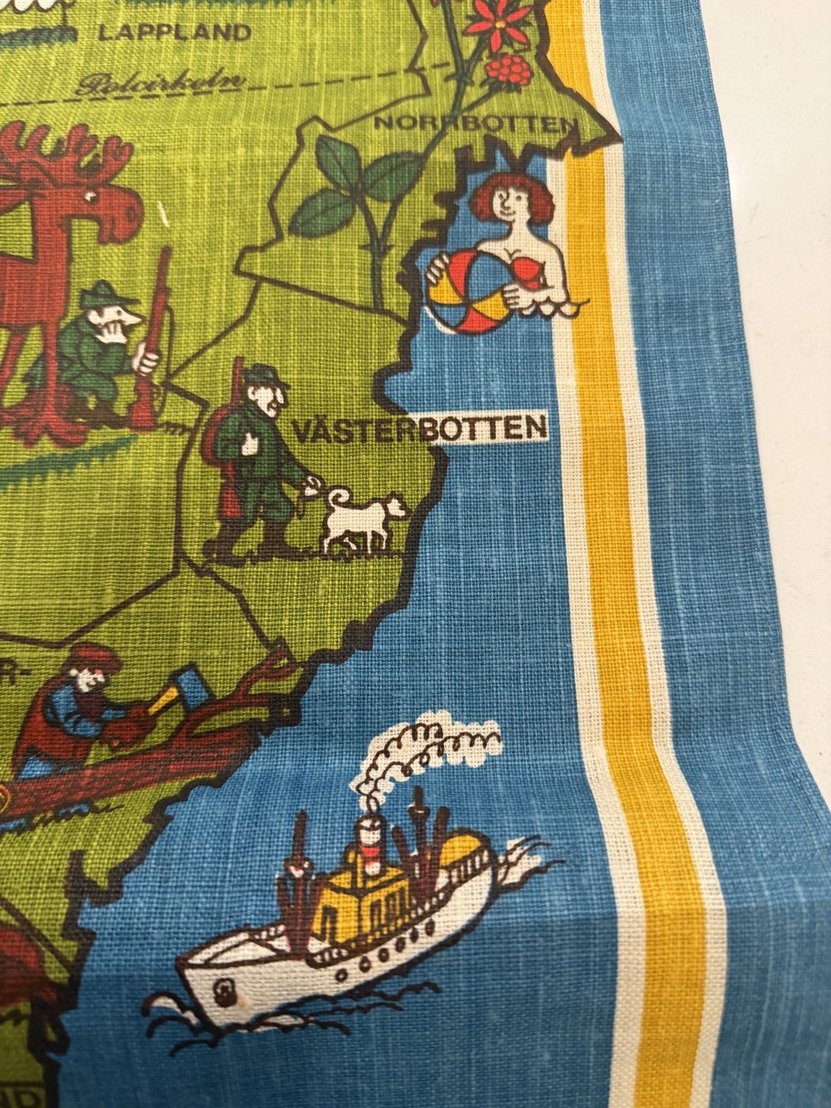 Vintage 1970s Kalle Berglund Sweden Illustrated Fabric Map Wall Hanging Tapestry
