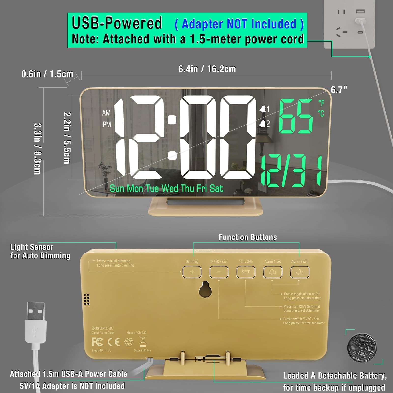 KOSUMOSU Desk Clock for Bedroom Accessories 6.7in Gold Digital Alarm Clock wi…