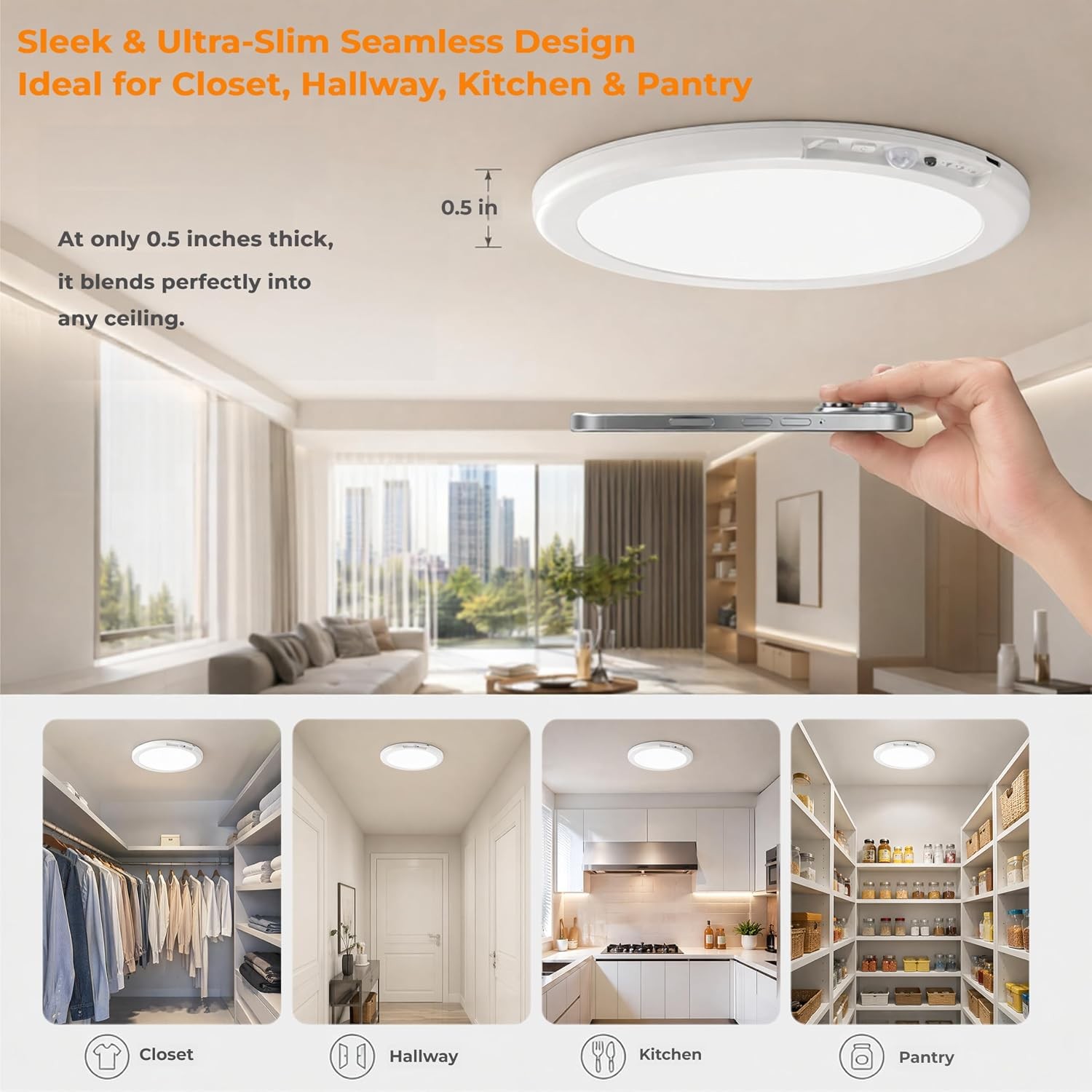7.5in Rechargeable Motion Sensor Ceiling Light, 6000mAh, 3 Color Dimmable