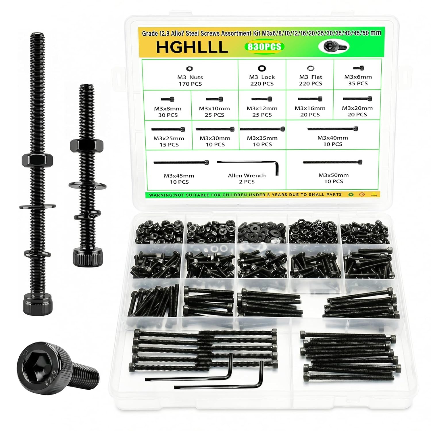 1015Pcs M2 M3 M4 M5 Hex Socket Button Head Screws Bolt Nut Washer Assortment Kit