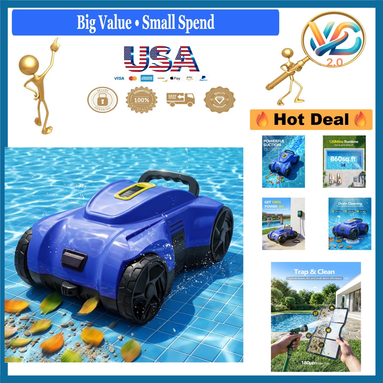 Cordless Pool Cleaner Robot – Auto Debris Removal, 120Min Runtime, Blue
