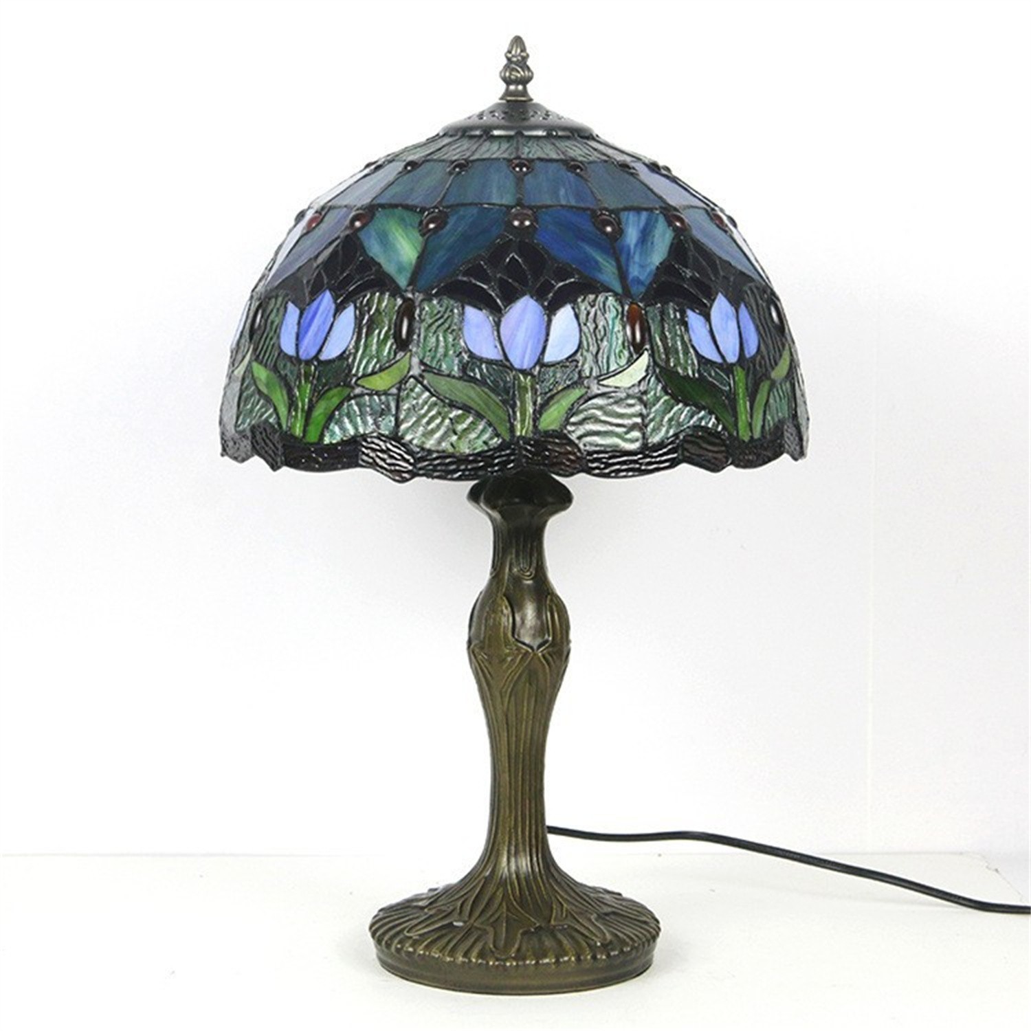 Blue Tulip Style Tiffany Table Lamp Stained Glass Desk Light for Home Decor 18″