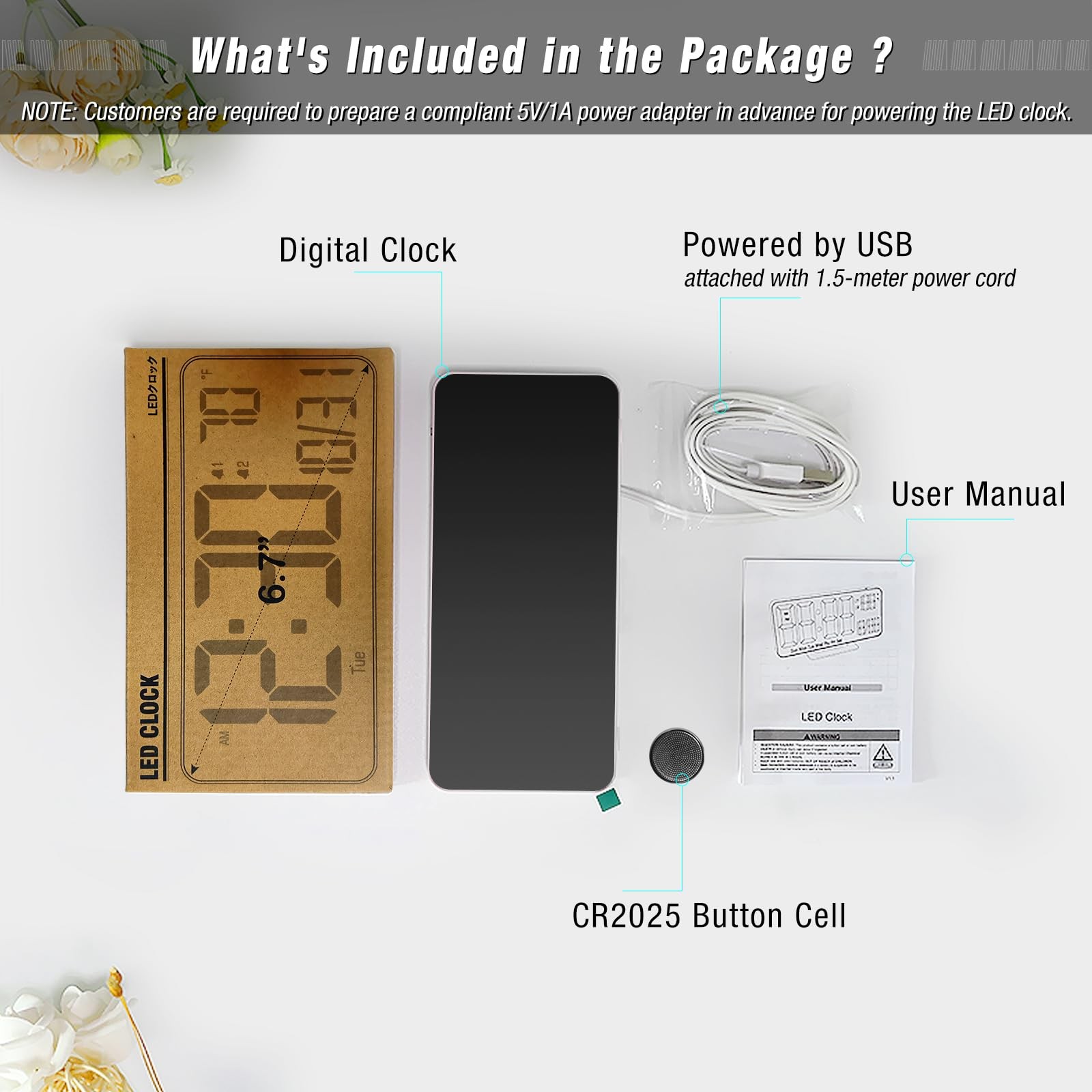 6.7 In Small Digital Alarm Clock Auto Dimming Date Temperature Desk White