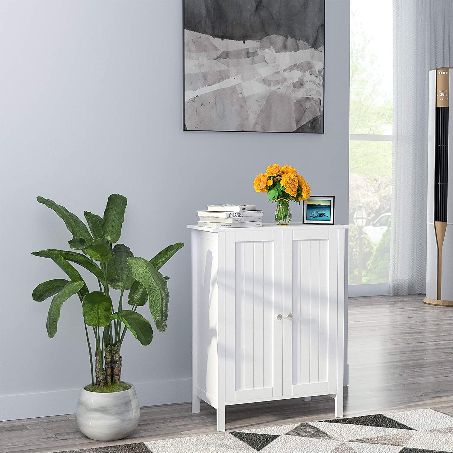 Wooden Cabinet 3 Shelves Double Door Bathroom Storage Floor Organizer white