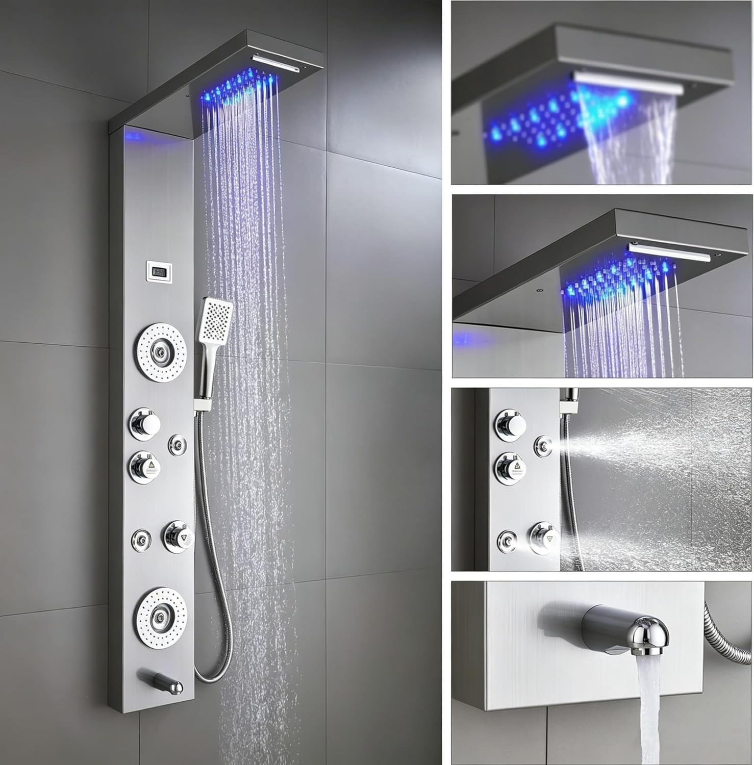 Luxury Stainless Steel Shower Panel with LED Rainfall & 6 Functions – Brushed…