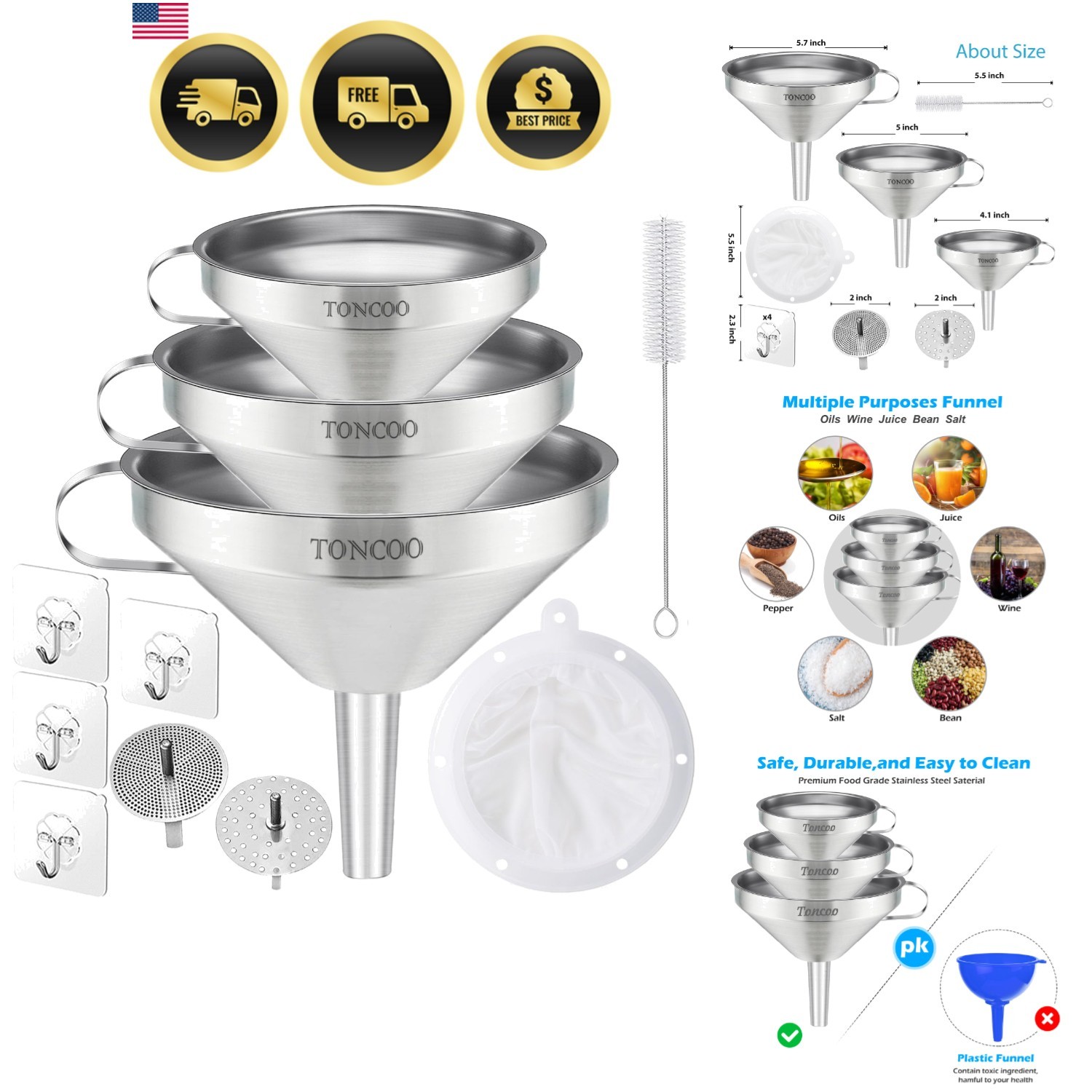 3 Pack Stainless Steel Funnels for Kitchen Use, Food Grade Cooking Funnel wit…