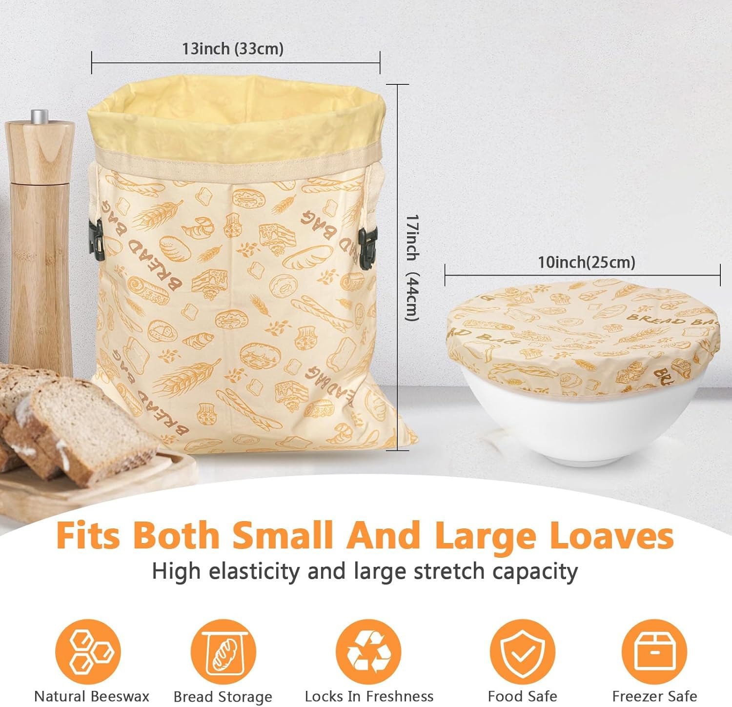 2 Pack Reusable Beeswax Bread Bags for Homemade Breads Sourdough Easy to Clean