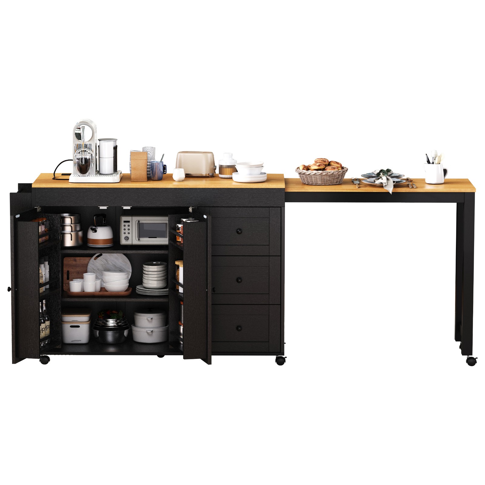 74.8 Inch Kitchen Island with Extendable Dining Table Rolling Storage Cart Power