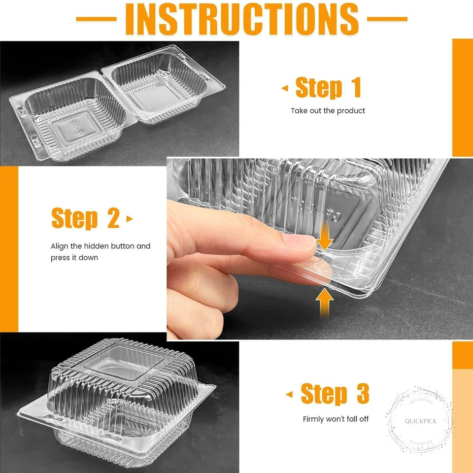 100 Pack Clear Plastic Square Hinged Food Clamshell Container,Disposable To Go