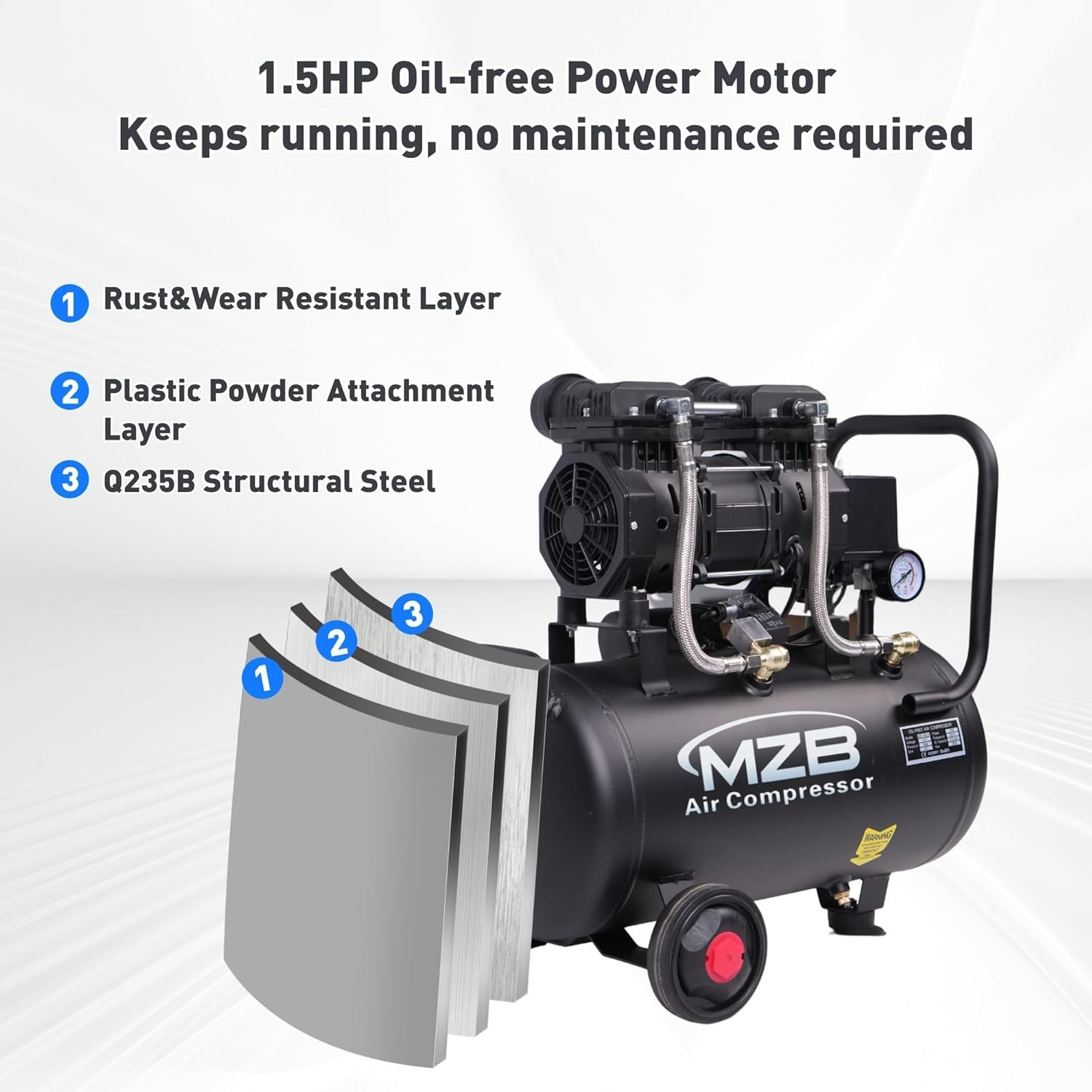 6.4 Gallon Ultra Quiet Air Compressor 1.5HP Oil-Free 115PSI 7.41CFM 70dB