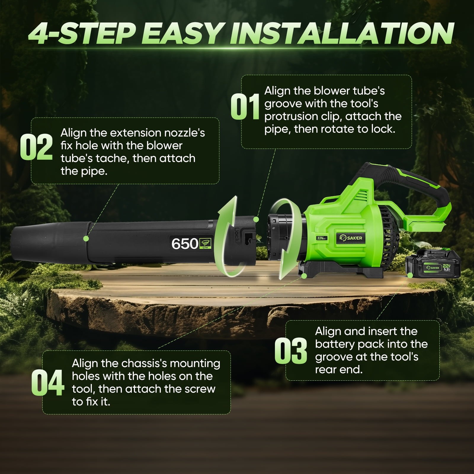 Saker LB-8195 Cordless Leaf Blower with 2x 5.2Ah Batteries, 650CFM, 150MPH, 3