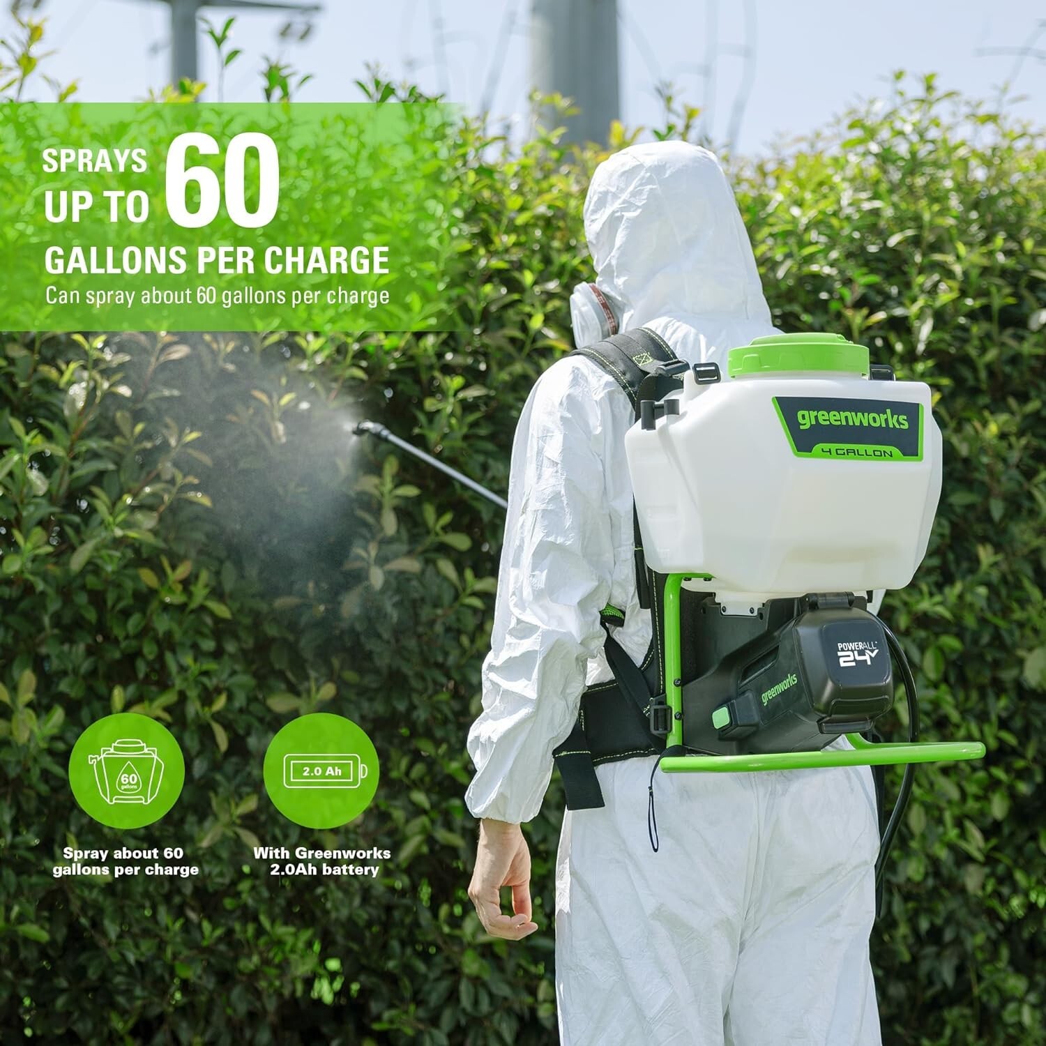 Greenworks 24V BackPack Sprayer 4-Gallon 5 Tips, Battery/Charger Not Included