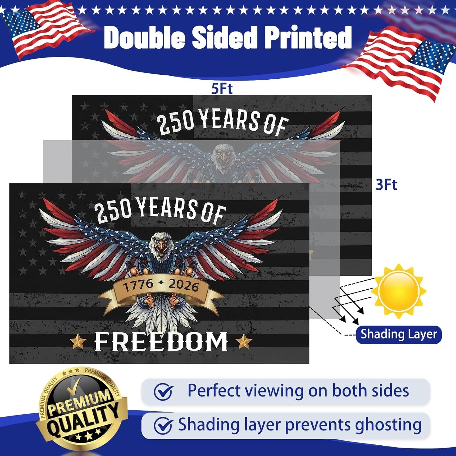 3 Ply 250 Years America Flag – Double Sided Patriotic Eagle 3 X 5 Ft Anniversary