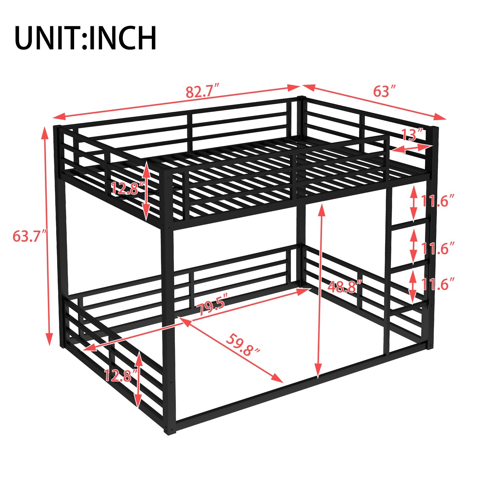 Metal Bed Frame Queen over Queen Bunk Bed for Teens and Adults Bedroom Black Bed