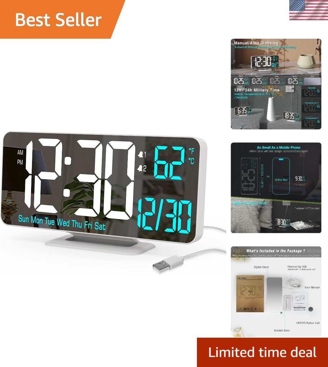 Digital LED Clocks for Bedrooms 6.7in White Alarm Clock, Dimming, 12/24h, Dat…