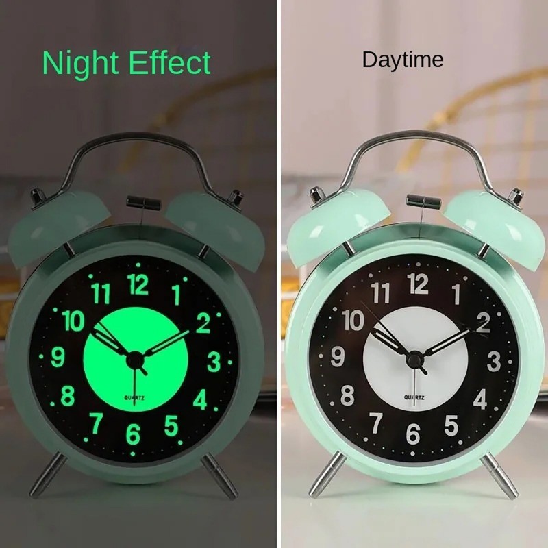 Retro Twin Bell Alarm Clock Quartz Silent Luminous Dial Nightlight Analog Clock