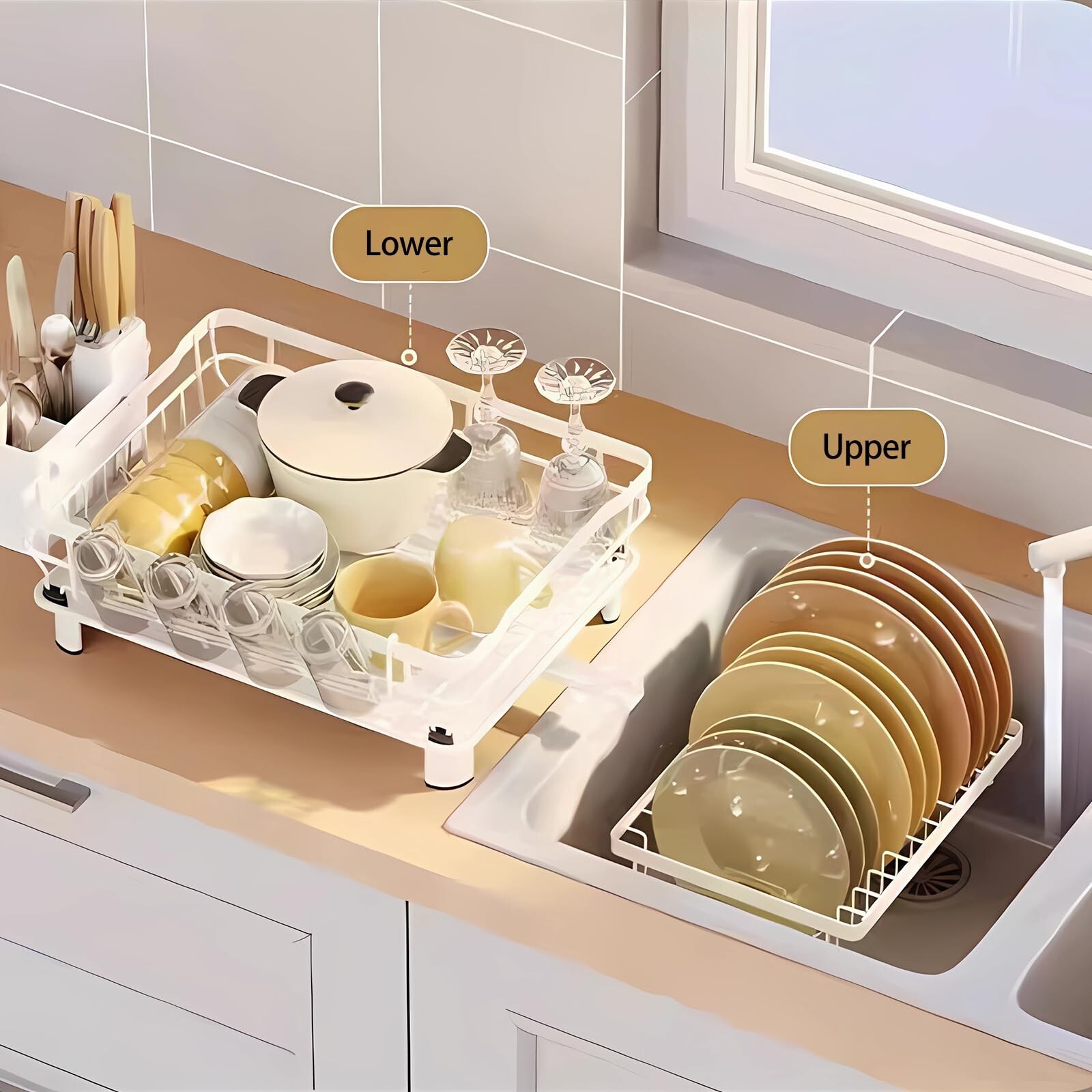 Over Sink Dish Drying Rack 2-Tier Stainless Steel Kitchen Shelf Cutlery Drainer