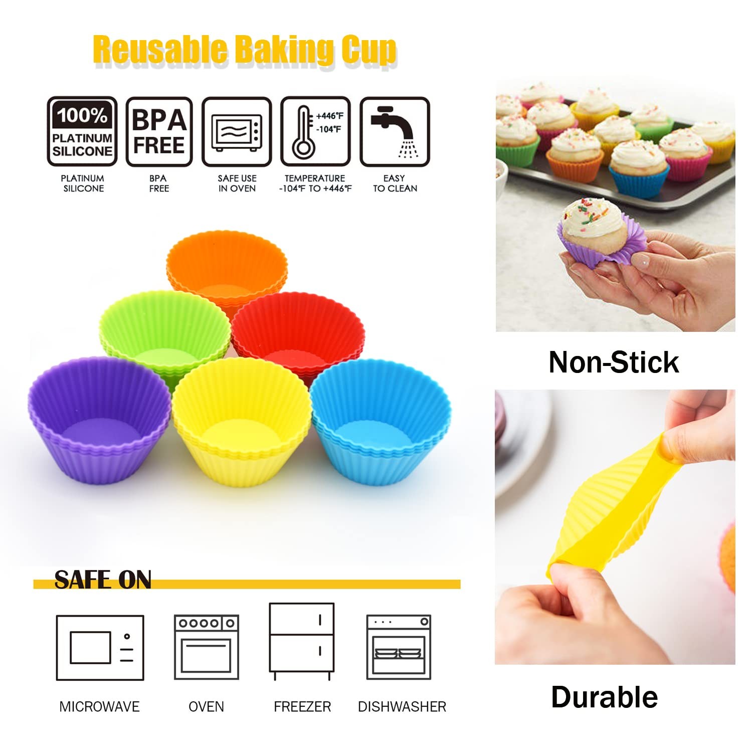 Reusable Silicone Baking Cups 24 Pack Nonstick Muffin Liners Holders Easy Clean
