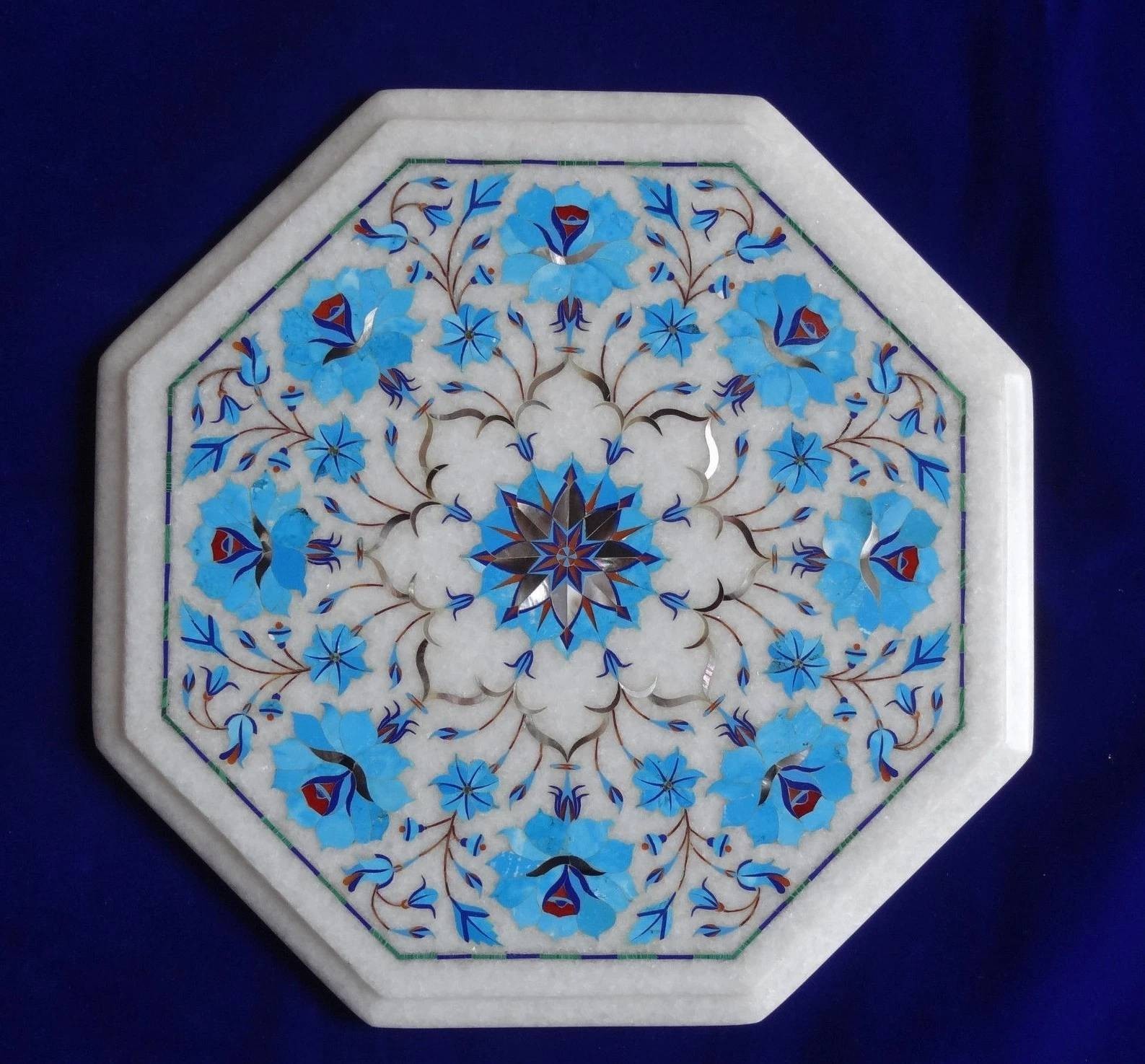 12″ Marble Table top Semi Precious Stones turquoise floral inlay Work home decor