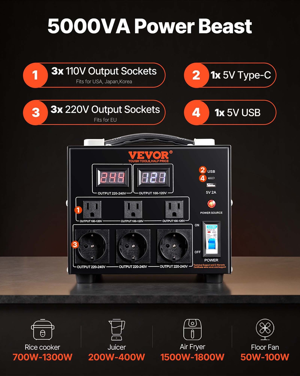 VEVOR 5000W Voltage Converter Transformer Step Up/Down 220V-110V /110V-220V CE