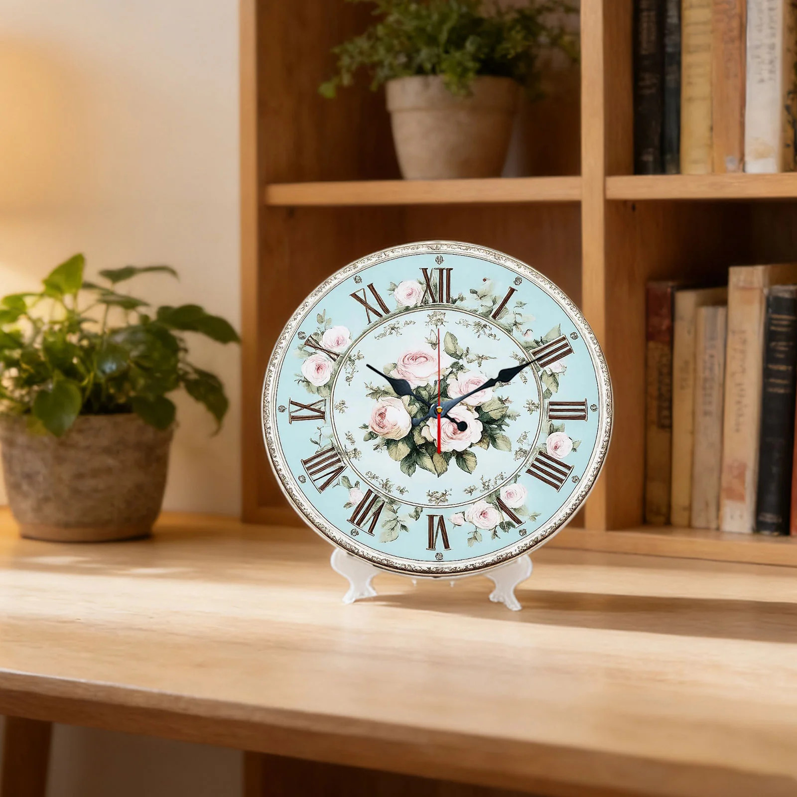 Pink Rose Pattern Wooden Silent Wall Clock No Battery Holiday Home Decors