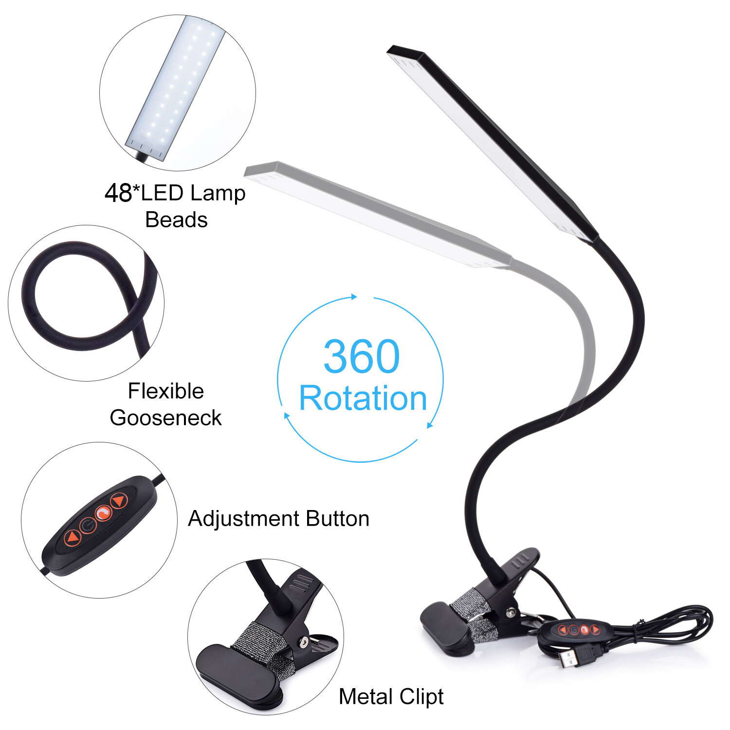 Adjustable LED Lamp Dimmable Clip-On Desk Lamp Flexible Reading Light Flexible