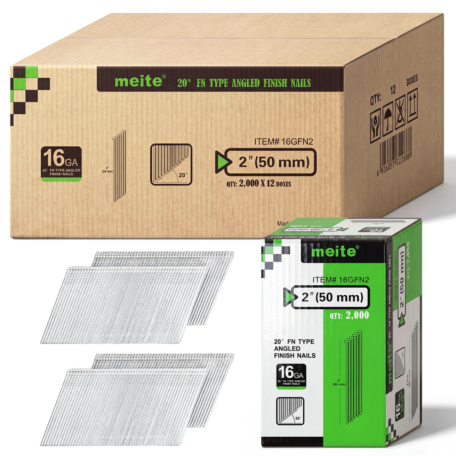 meite 16 Gauge 20 Degree Angled Finish Nails Galvanized 2″ Length Bluk Case
