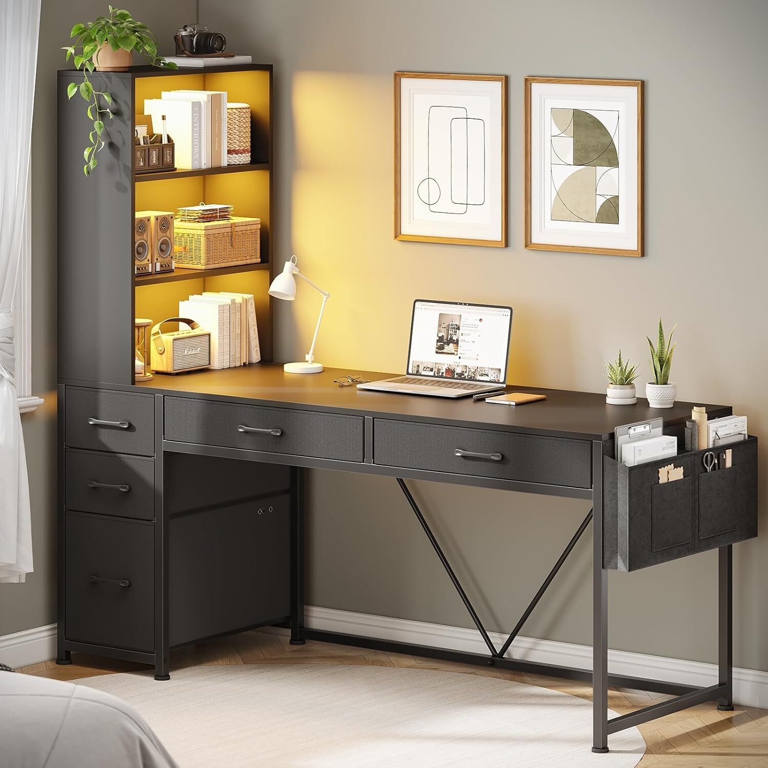 Computer Desk with 5 Drawers&Bookshelf, Reversible Home Office Desk w/LED Lights