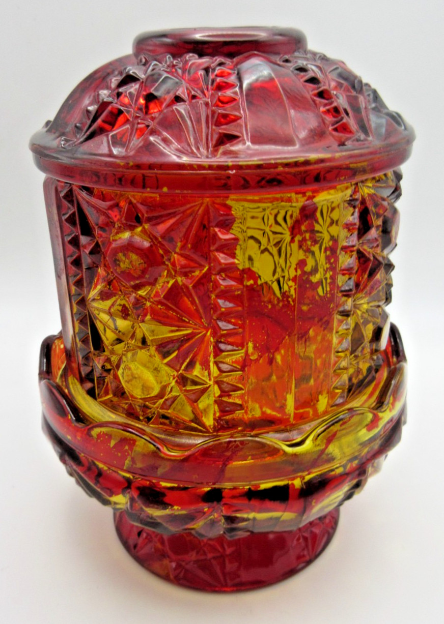 Amber With Ruby Red Flash Stars & Bars Fairy Lamp Glass 6.5″ See Description